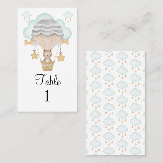 Cartão De Lugar Bear Balões de Ar Quente Raffel Fralda Azul (Frente/Verso)