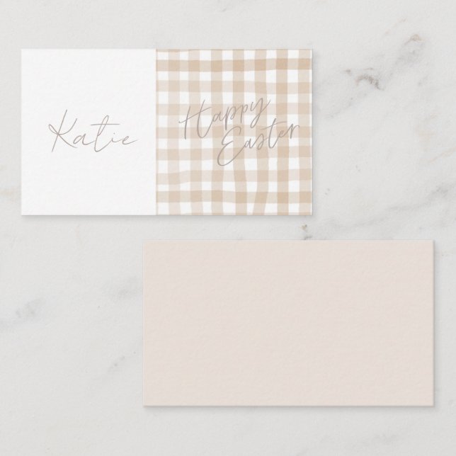 Cartão De Lugar Beige Gingham Check Felz pascoa Nome da Mesa (Frente/Verso)