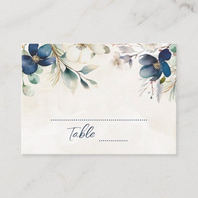 Cartão De Lugar Blue Floral Winter Wedding Place Setting Cards (Frente)