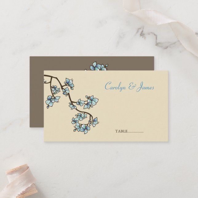 Cartão De Lugar Blue Peach Blossoms China Wedch Place Card (Frente/Verso In Situ)