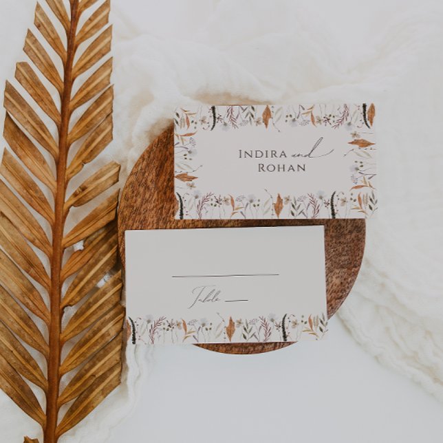 Cartão De Lugar Boho Autumn Wildflower | Boige Flat Wedding (Criador carregado)