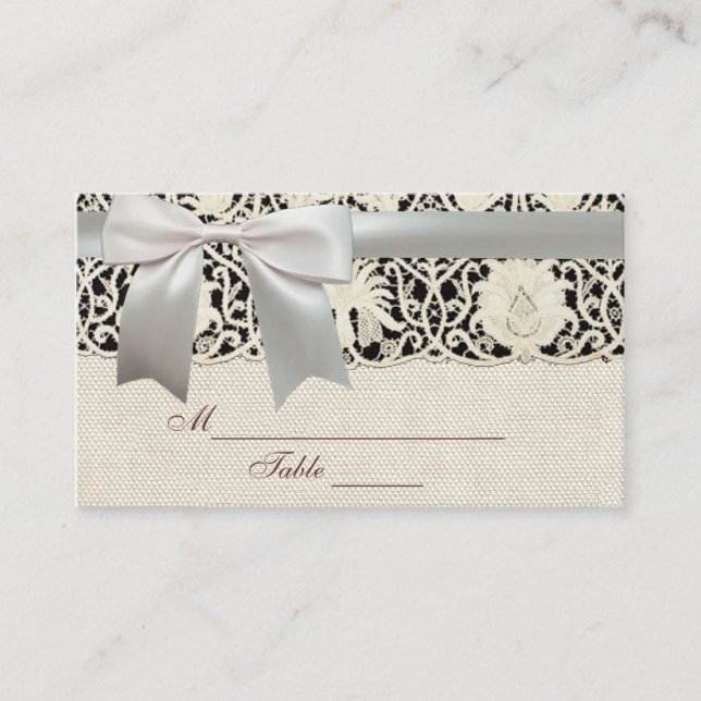 Cartão De Lugar Bonito Linen White Lace Antique de Casamento  (Frente)
