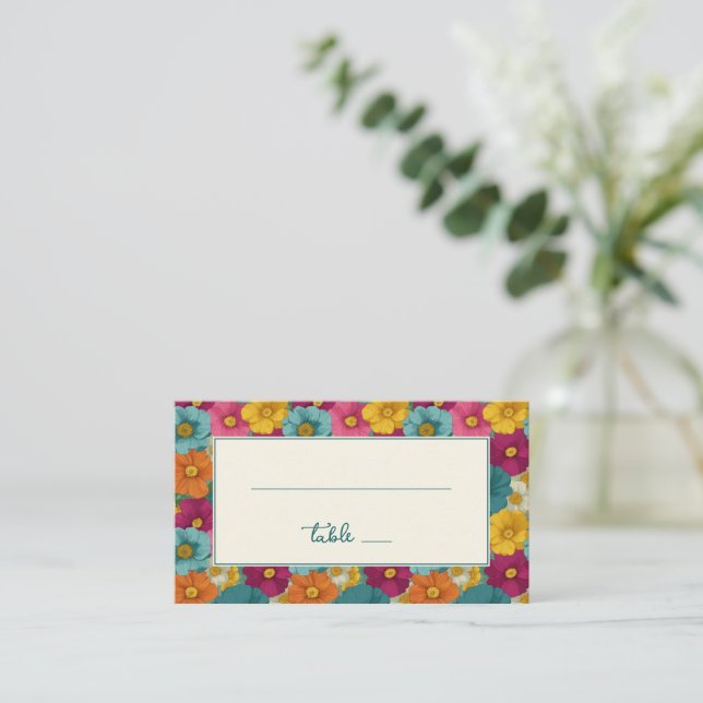 Cartão De Lugar Borda Floral Multicolor Alegre (Em pé/Frente)