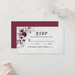 Cartão De Lugar Bordô Escuro Cinza Prata Floral Aquarela Personali