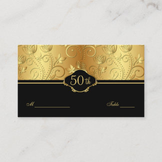 Cartão De Lugar Carro Dourado Preto Floral 50º Recepção de casamen