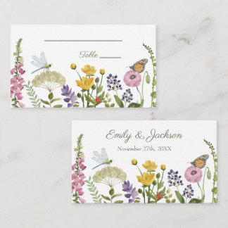 Cartão De Lugar Casamento Aquarela de Borboleta de Flor Silvestre