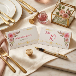 Cartão De Lugar Casamento Aquarela Floral Dourada