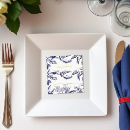 Cartão De Lugar Casamento Azul Dourado Botânico Floral Moderno Eco