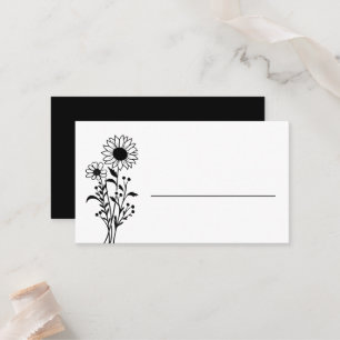 Cartão De Lugar Casamento Branco Negro Minimalista Floral Elegante