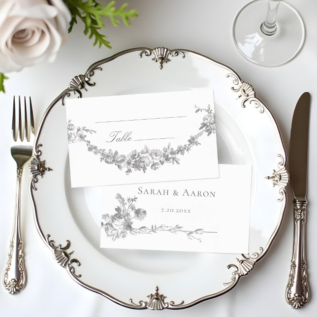 Cartão De Lugar Casamento com Grinalda de Rosa Clássica Francesa O (Criador carregado)