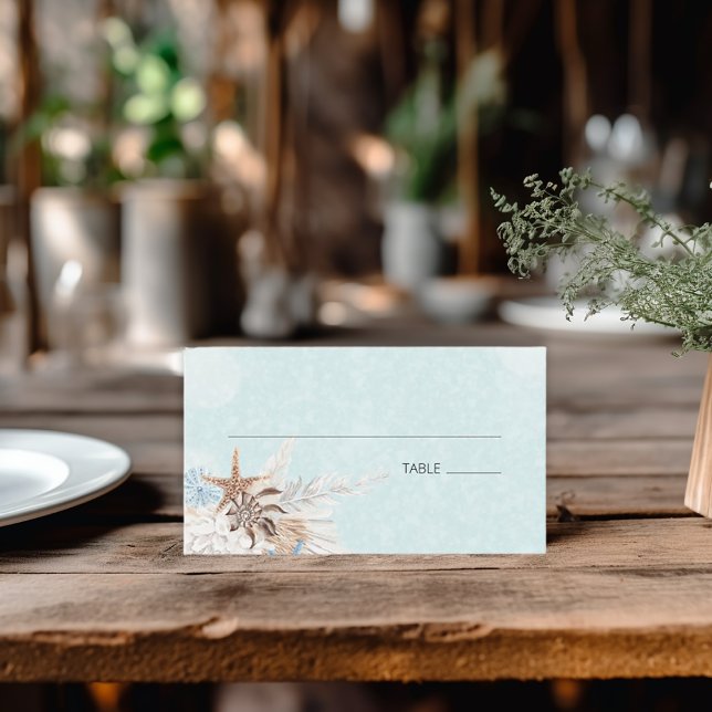 Cartão De Lugar Casamento com o Oceano Aqua Moderno (Modern Aqua Ocean & Seashells Wedding Flat Place Card)