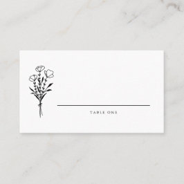 Cartão De Lugar Casamento de Buquê Floral Mínimo Moderno Negro