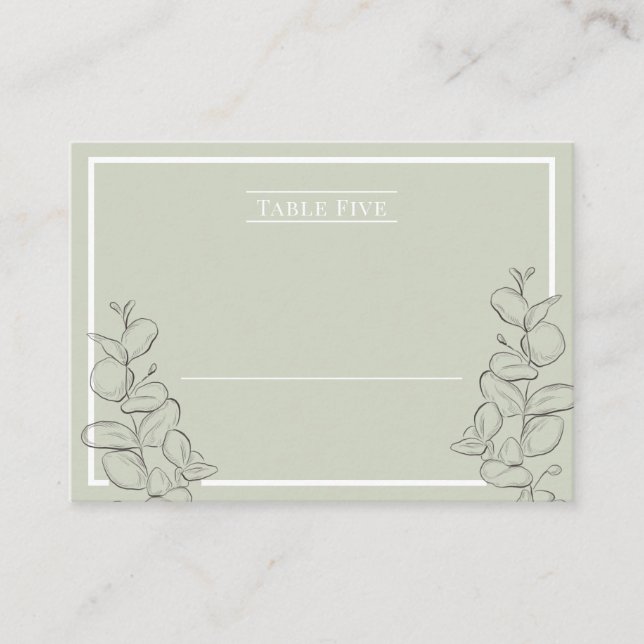Cartão De Lugar Casamento de eucalipto, linha verde-salva minimali (Frente)