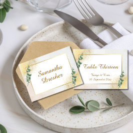Cartão De Lugar Casamento de Foto Verde e Dourado Elegante