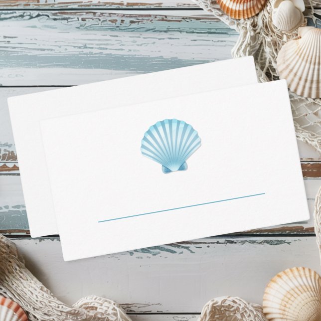 Cartão De Lugar Casamento de Praia de Seashell Azul Elegante (Criador carregado)
