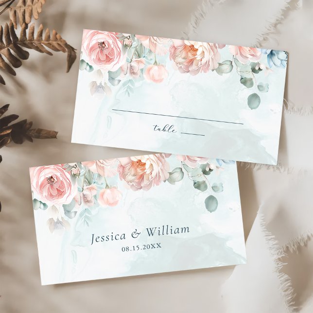 Cartão De Lugar Casamento de Rosa Azul Moderno e Trendy (Criador carregado)