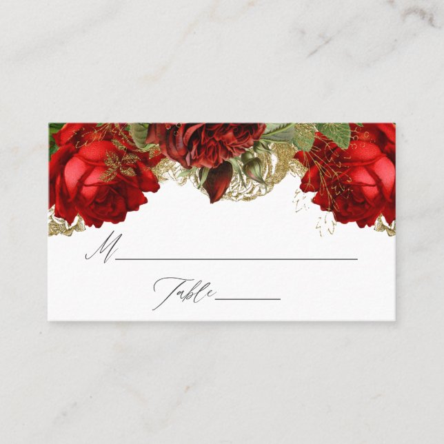 Cartão De Lugar Casamento de Rosas ruivos e Dourados (Frente)