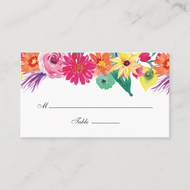 Cartão De Lugar Casamento de Watercolor Floral Fiesta (Frente)