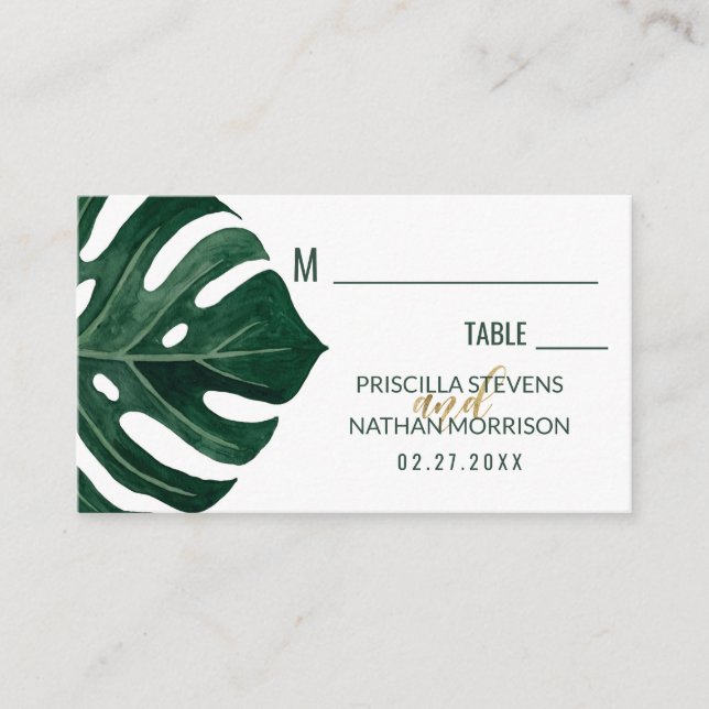 Cartão De Lugar Casamento Dourado de folha de queijo suíço tropica (Frente)