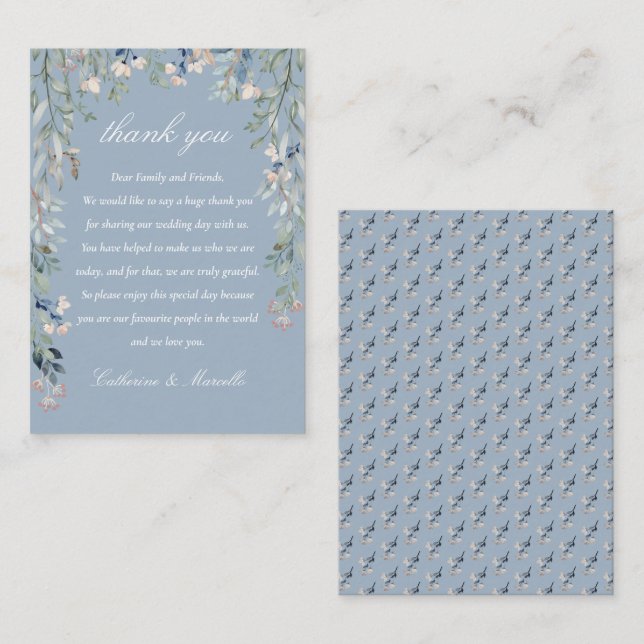 Cartão De Lugar Casamento em Cascata Dusty Blue Floral Obrigado (Frente/Verso)