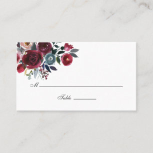 Cartão De Lugar Casamento Floral Boho Chic Burgundy e Azul-Marinho