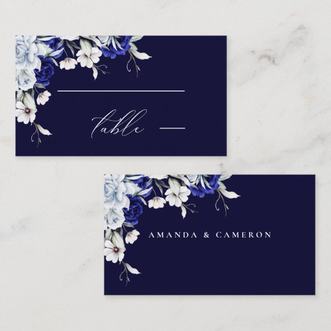 Cartão De Lugar Casamento Floral de Marinho Azul Elegante (Frente/Verso)