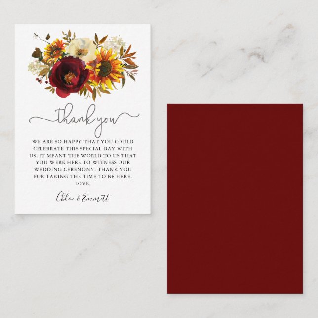 Cartão De Lugar Casamento Floral de Sunflower Burgundy - Queda Obr (Frente/Verso)