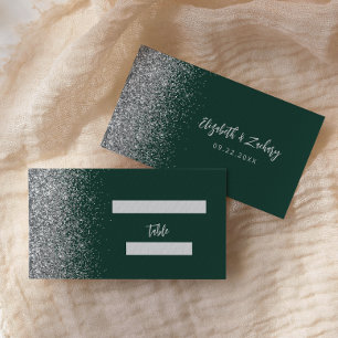 Cartão De Lugar Casamento Moderno com Brilho Prateado e Verde Esme