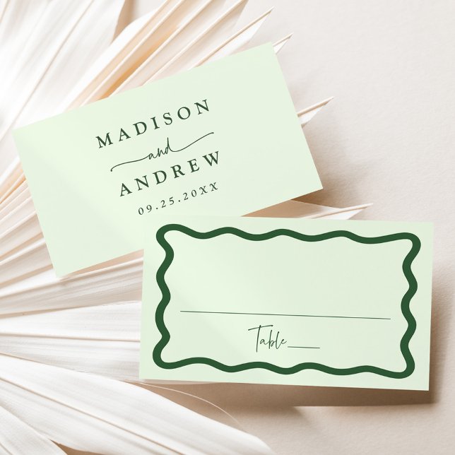 Cartão De Lugar Casamento Moderno com Moldura Ondulada Verde (Criador carregado)