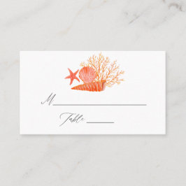 Cartão De Lugar Casamento na Praia com Aquarela Coral Vivo