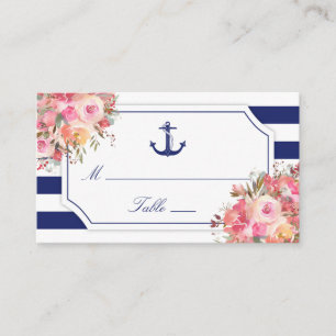 Cartão De Lugar Casamento Náutico Anchor Floral Blue Stripe