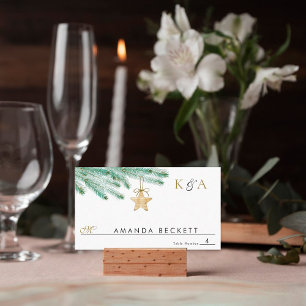 Cartão De Lugar Casamento no inverno de Natal Watercolor Pine Boug