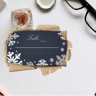 Cartão De Lugar Casamento no inverno marinho Azul Flocos de Neve
