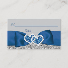 Cartão De Lugar Casamento Real Azul, Prata, Corações de Cinza