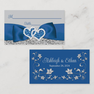 Cartão De Lugar Casamento Real Azul, Prata, Corações de Cinza