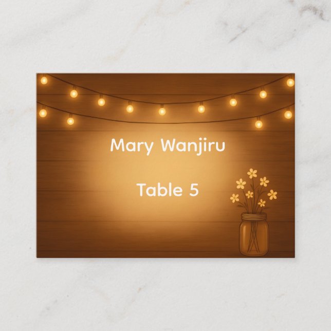 Cartão De Lugar Casamento Rustic Mason Jar & String Lights (Frente)