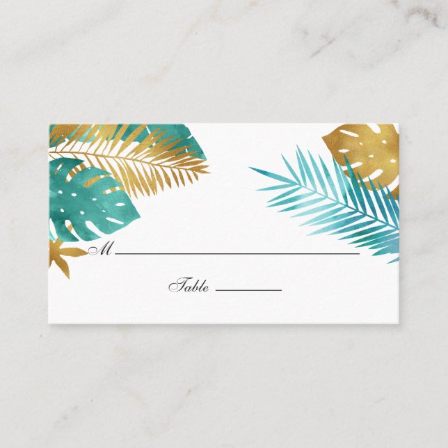 Cartão De Lugar Casamento Tropical Dourado e Teal (Frente)