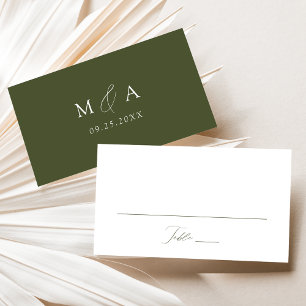 Cartão De Lugar Casamento Verde-Oliva com Script Elegante Moderno