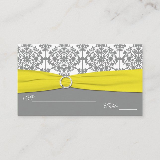 Cartão De Lugar Cinza Damask with Yellow Damask Placecards (Frente)