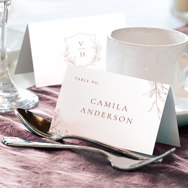 Cartão de lugar com monograma de crista botânica e (Rose gold botanical crest monogram place card)