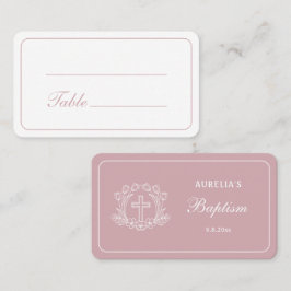 Cartão De Lugar Cruz Floral Simples no Batismo Rosa