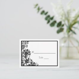 Cartão De Lugar Damasco Floral Preto e Branco | Plano personalizad