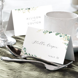 Cartão de lugar de casamento boho com eucalipto rú