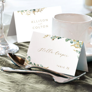 Cartão de lugar de casamento boho com eucalipto rú