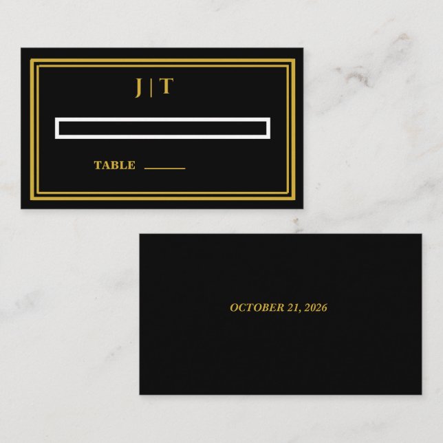 Cartão de lugar de casamento com monograma preto e (Frente/Verso)