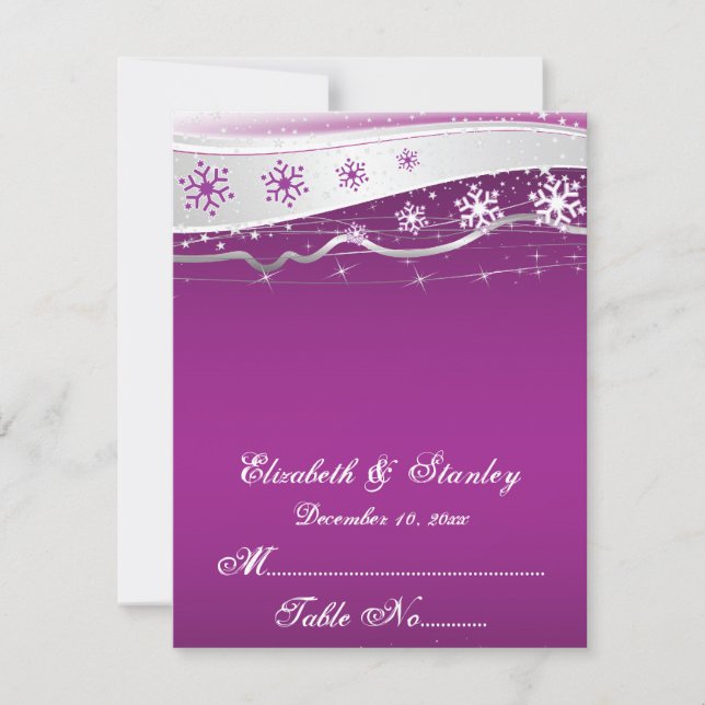 Cartão de lugar de casamento de floco de neve roxo (Frente)