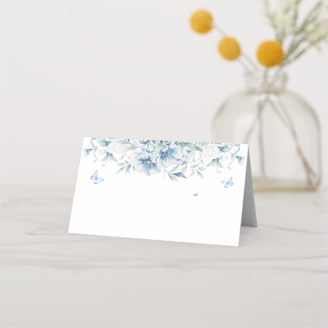 Cartão de lugar de casamento floral azul e branco  (Frente)
