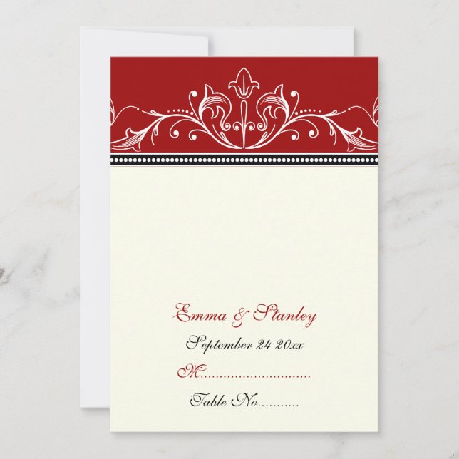 Cartão de lugar de casamento vermelho ornamental b (Frente)