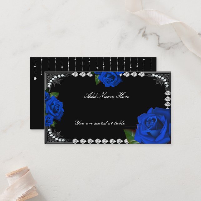 Cartão de lugar de mesa com rosas azuis românticas (Frente/Verso In Situ)