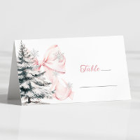 Cartão de lugar de mesa de inverno com laço rosa